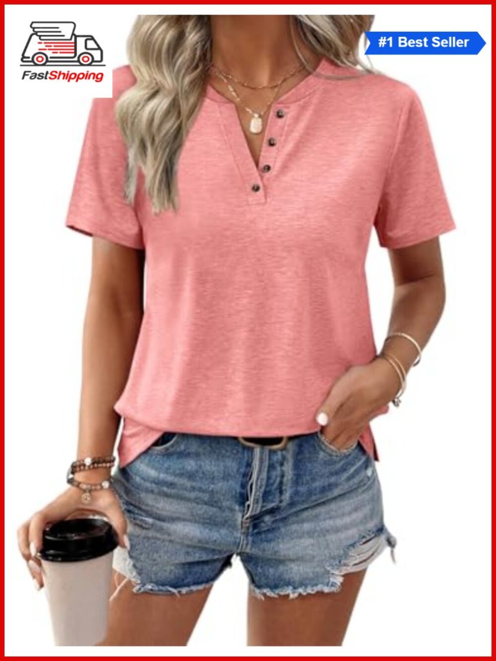 TICTICMIMI Womens V Neck Short Sleeve Tops Button Loose Summer T Shirts